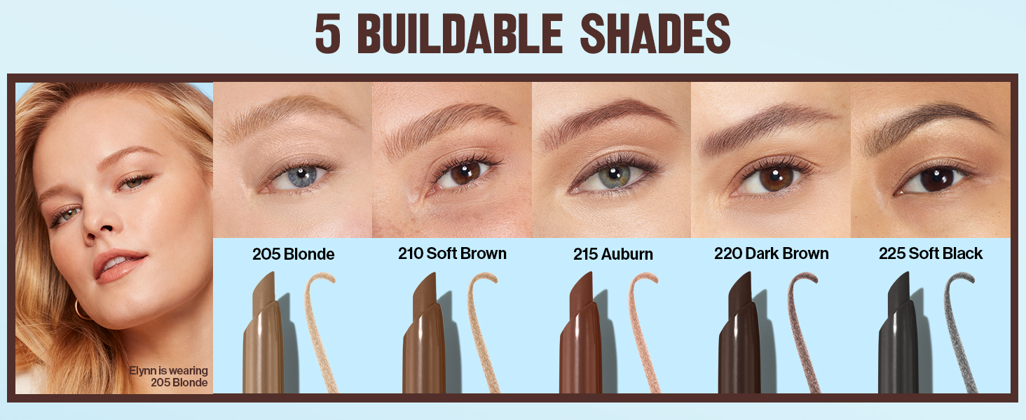 ColorStay Brow Pencil in 5 buildable shades: blonde, soft brown, auburn, dark brown, soft black
