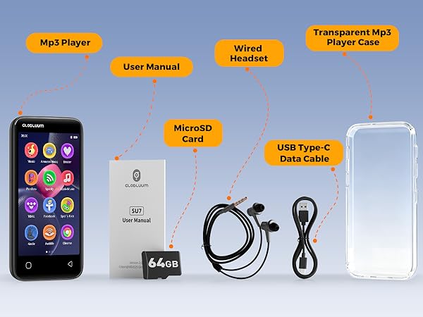 MP3 player with included accessories: manual, 64GB card, wired earbuds, USB-C cable, and case.