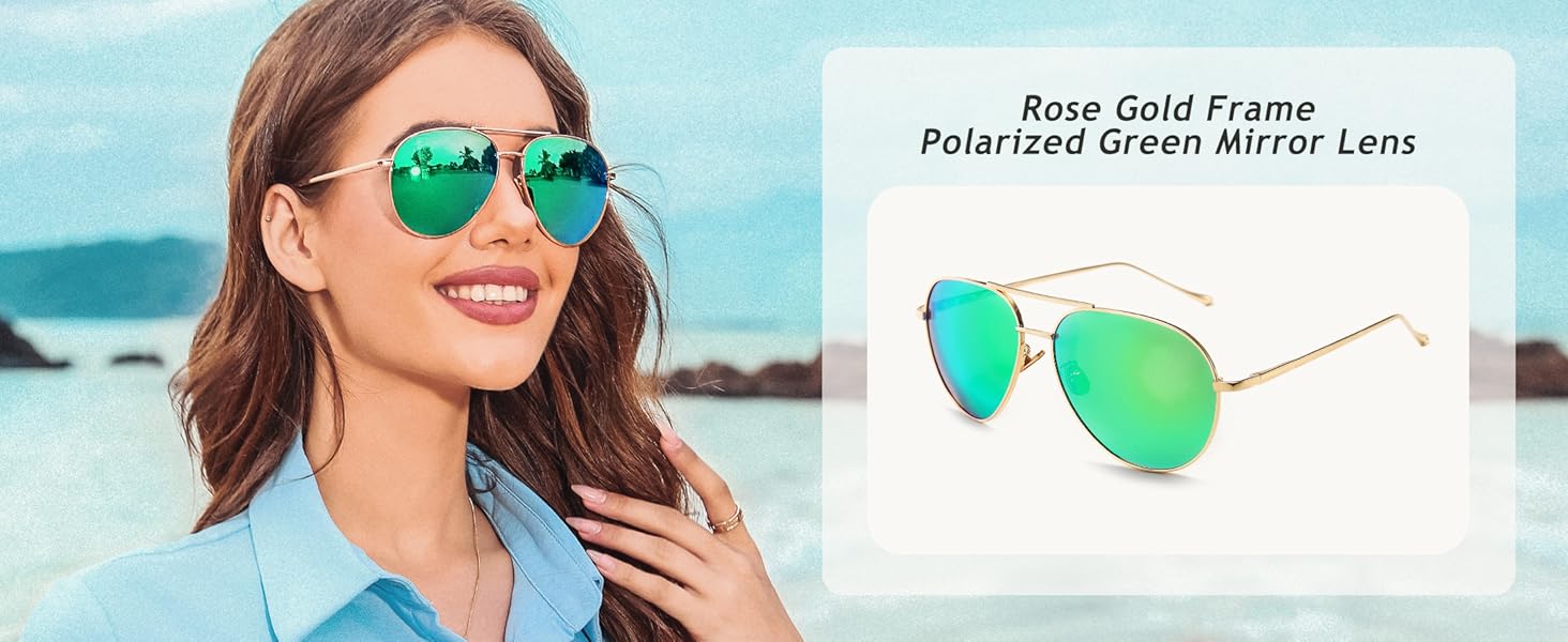 A stylish and elegant lady wearing green mirror lens aviator sunglasses