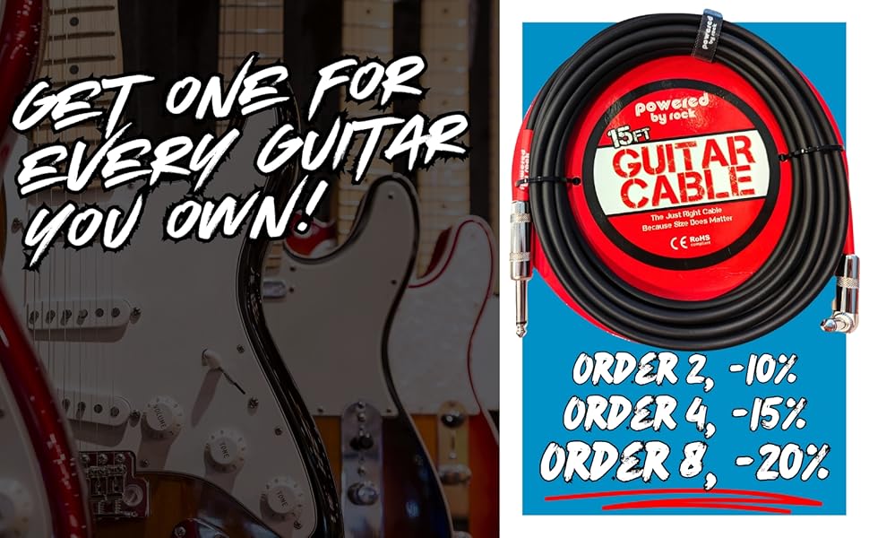 Grab a Powered By Rock guitar cable for your amp, pedalboard, gig bag and studio