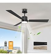OPONL 42" Black Ceiling Fan with Light, Remote Control, Downrod Mount, Noiseless, Reversible, 6CC...