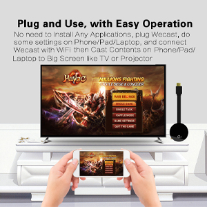 User interface screens showing app setup process with 'Plug and Use, with Easy Operation' text and gaming-style graphics.