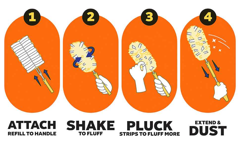 attach, shake, pluck, extend and dust
