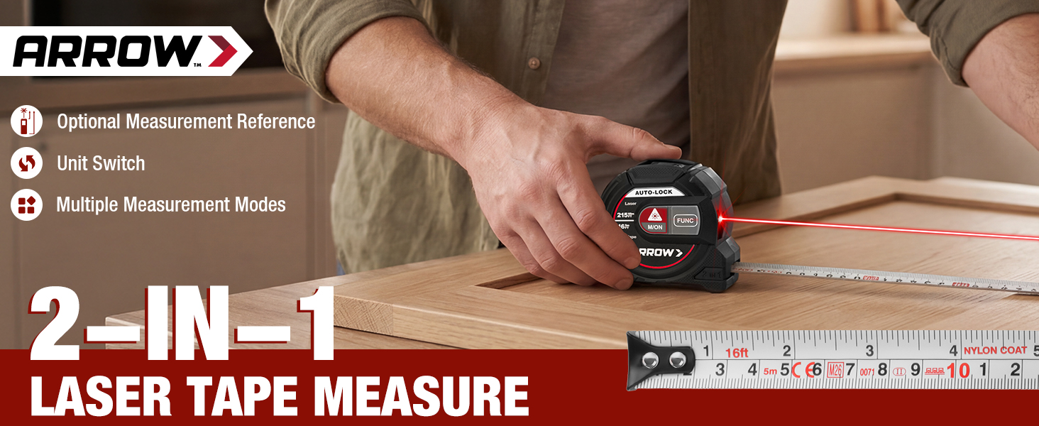 ARROW 2-in-1 Laser Tape Measure 215Ft/65m Laser Distance