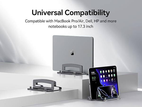 Universal compatibility-vertical computer stand fits MacBook Pro/Air, Dell, HP, and most notebooks
