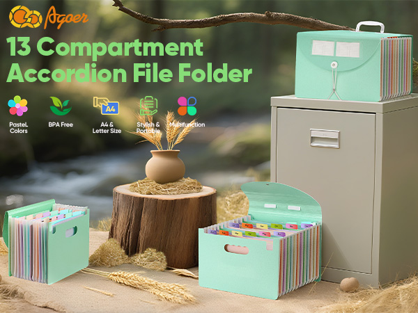 Text reads '13 Compartment Accordion File Folder'. Multiple views of a mint green expandable file organizer with colorful tabs, shown open and closed positions.