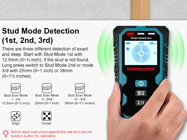 Text reads 'Stud Mode Detection' with technical diagrams showing three different stud detection modes (1st, 2nd, 3rd) with measurement specifications.