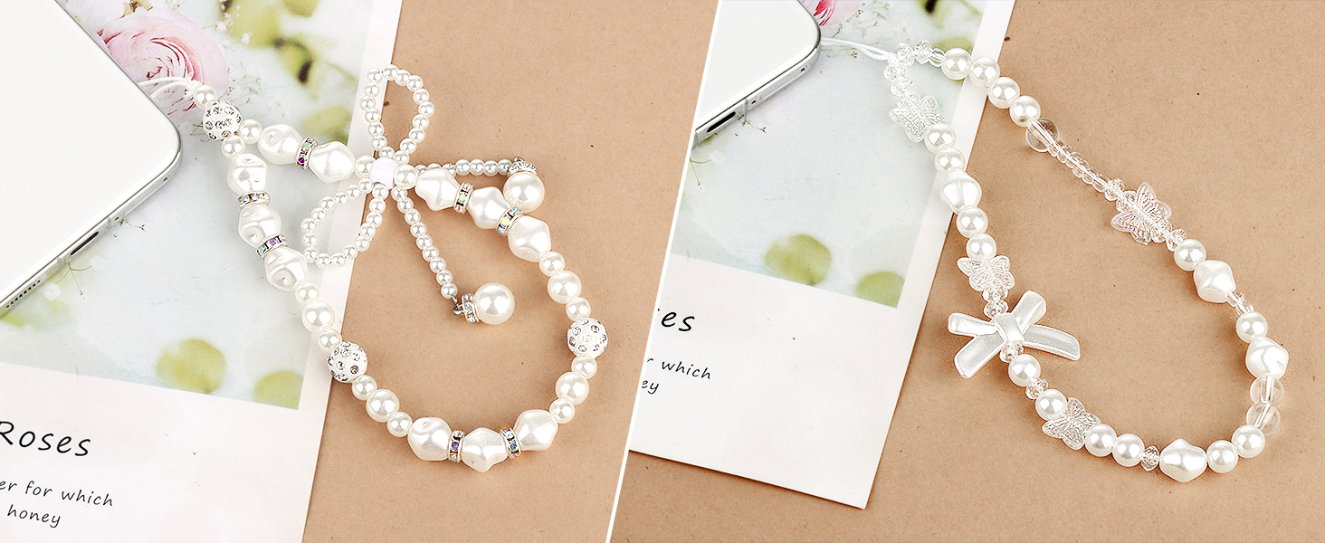 Draupnir Phone Charms Strap, Butterfly Bow Knot Beaded Phone Bracelet Strap