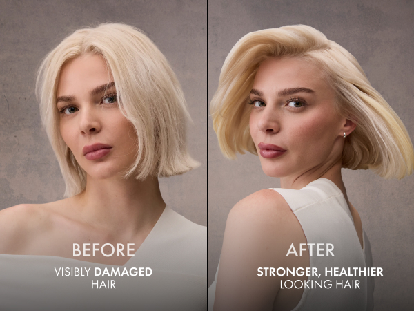 Two pictures of the same woman with her hair going from damaged to stronger and healthier looking.