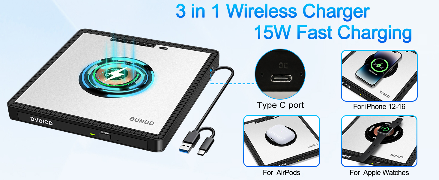 3 in 1 wireless charger 15W fast charging iPhone12-16 AirPods Apple Watches