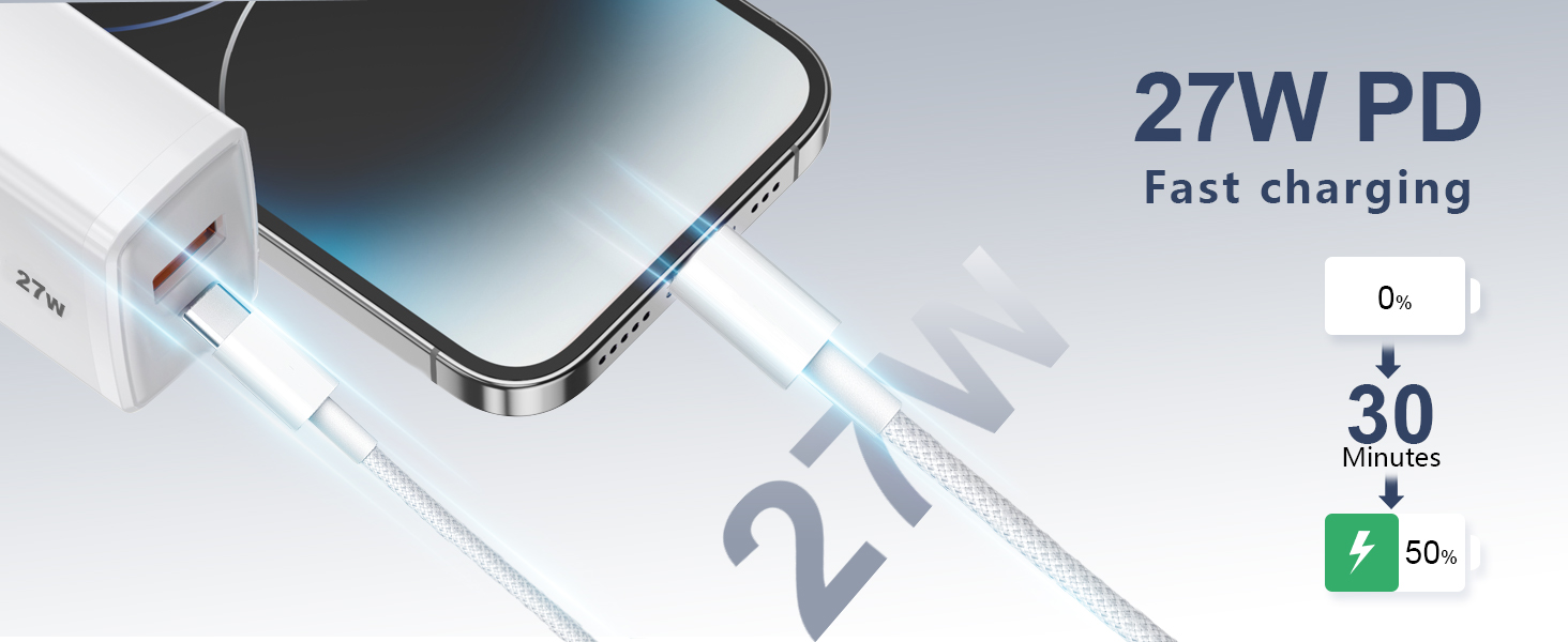 Text reads '27W PD Fast charging'. Technical product diagram showing charging specifications and capabilities with minimalist white and blue design elements.