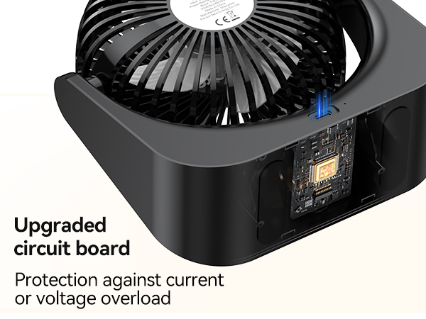 Close-up of a black electronic device with fan blades visible. Text highlights upgraded circuit board for protection against current or voltage overload.