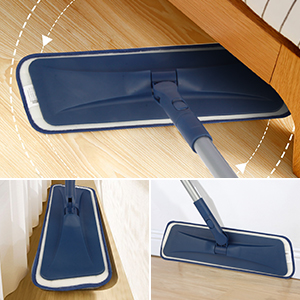a blue duster with a white handle on a wooden floor.