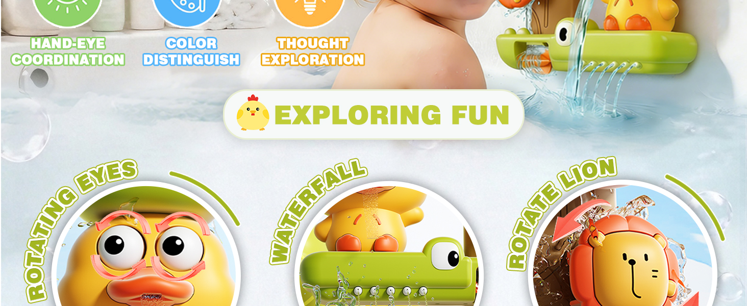 Wiggly eyes, spinning lion, spraying crocodile – Funny bath toys for toddler bathtub water play.