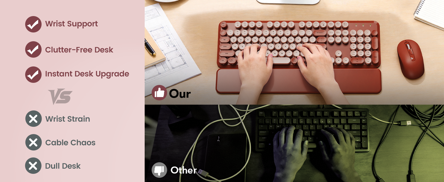 typing on wireless keyboard mouse with wrist rest clean desk setup compared to messy wired keyboard