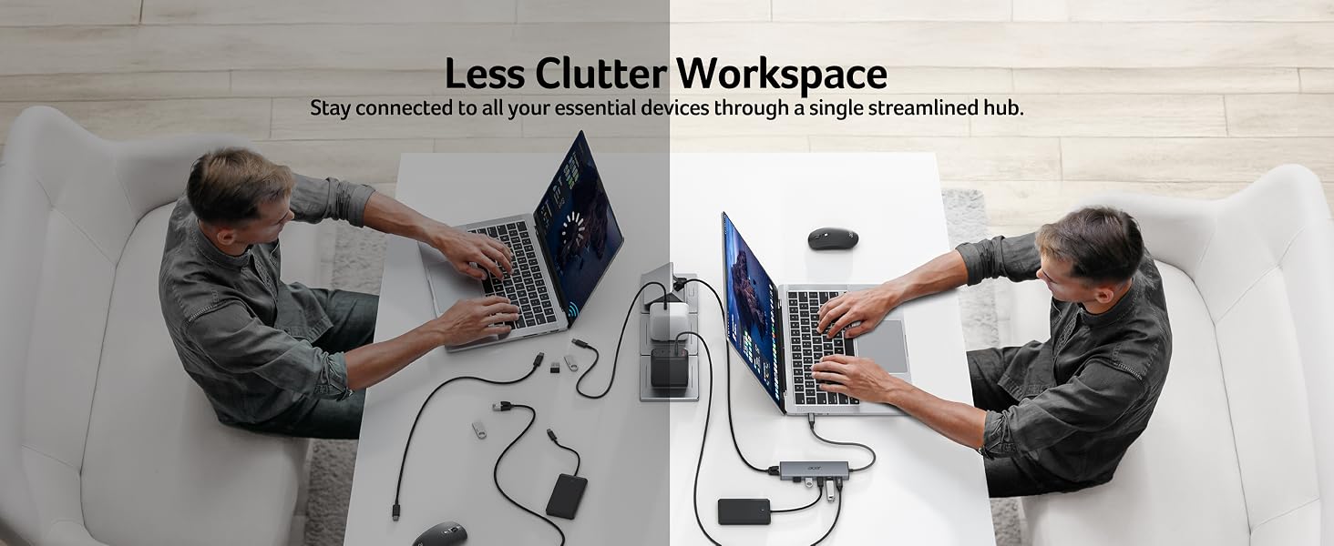 Text reads 'Less Clutter Workspace'. Two side-by-side overhead photographs showing person organizing workspace: left shows cluttered desk area, right shows organized minimalist workspace with computer and office supplies neatly arranged.