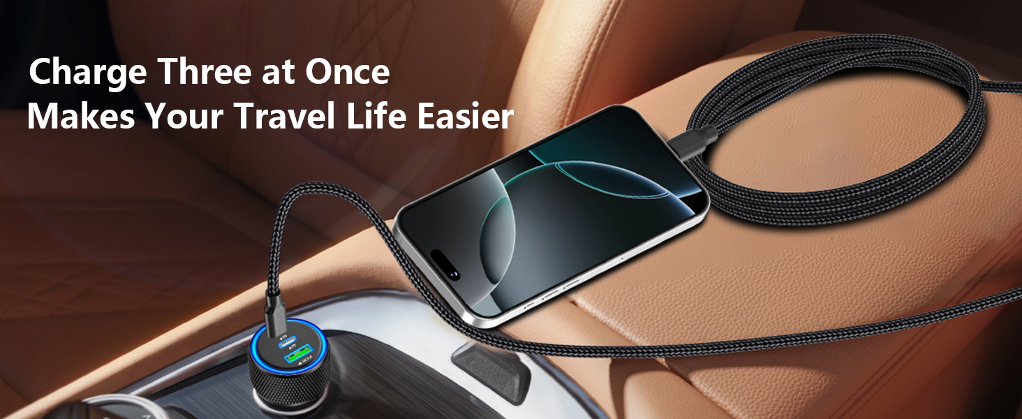 MFi Certified 3-Port 67W PD/QC Car Power Adapter USB-C Car Charger Cigarette Lighter for iPhone 16