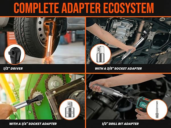 Versatile Ratchet Set: 1/2" Driver with 3/8" &amp; 1/4" Socket Adapters and 1/2" Drill Bit Adapter.