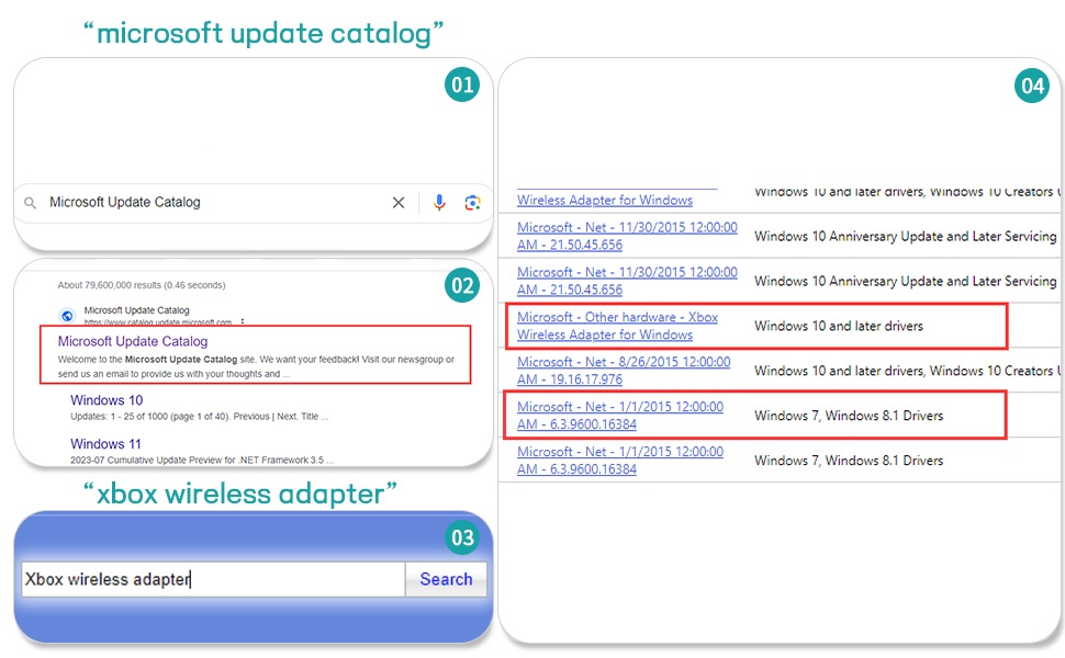 Screenshot of Microsoft update catalog search results for 'Xbox wireless adapter'. Shows multiple driver options with dates and file sizes.
