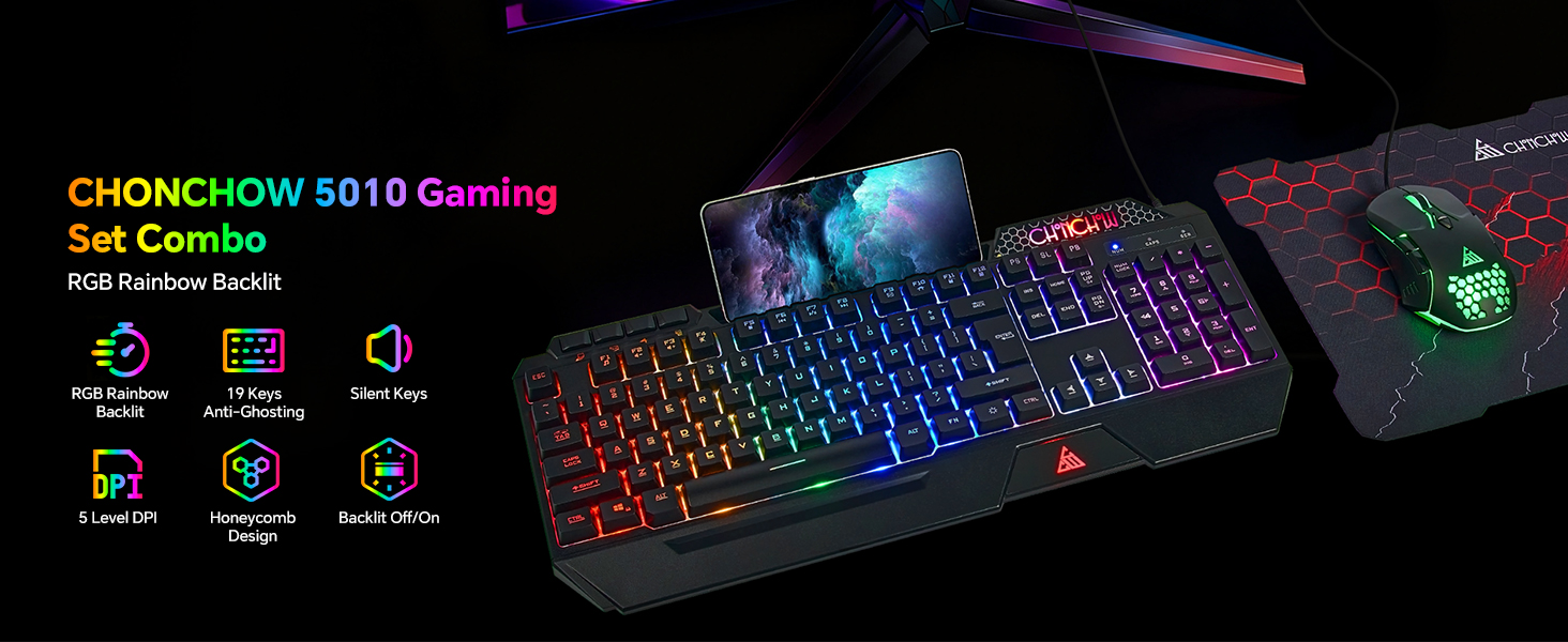 RGB Gaming Keyboard and Mouse Combo with Ergonomic Wrist Rest Phone Holder for PC Gamer Xbox PS4/5