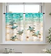 Final Friday Ocean Beach Turtle Short Kitchen Window Curtains Coastal Seashell Tropical Bathroom ...