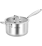 DELARLO Tri-Ply Stainless Steel Saucepan 3.5 Quart With Lid, Induction Cooking Sauce Pot Sauce Pa...