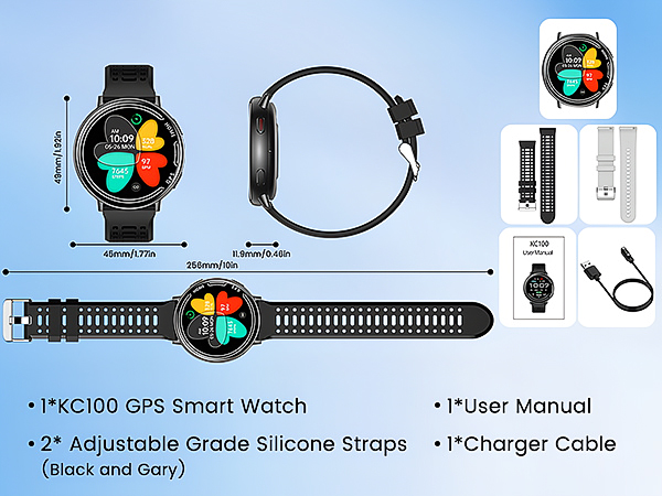 Text reads 'PXC100 GPS Smart Watch', '2* Adjustable Grade Silicone Straps (black and grey)', '*User Manual', '*1Charger Cable'. Product diagram showing smart watch from multiple angles with accessories.