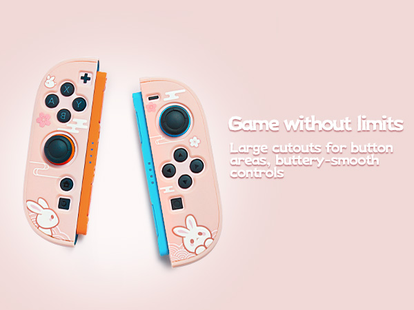 Text reads 'Game without limits'. Nintendo Switch Joy-Con controllers in pastel pink and blue colors with decorative pattern.