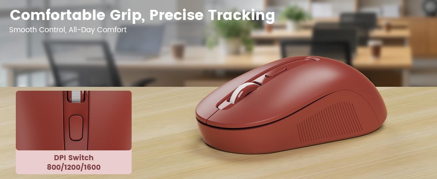 Ergonomic wireless mouse on desk, close-up shows DPI switch for 800/1200/1600 tracking.