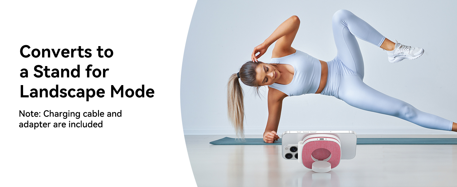 Text reads 'Converts to Landscape Mode' and 'Note: Charging cable and adapter are included'. Advertisement shows product demonstration in multiple poses with white electronic device converting between orientations.