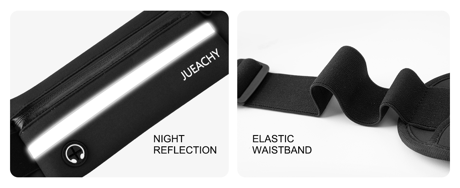 Close-up of black elastic waistband with reflective strip. Text indicates 'NIGHT REFLECTION' and 'ELASTIC WAISTBAND' features.