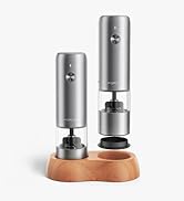 FORLIM Mini Electric Salt and Pepper Grinder Set with Wood Base, USB Rechargeable, Small Automati...