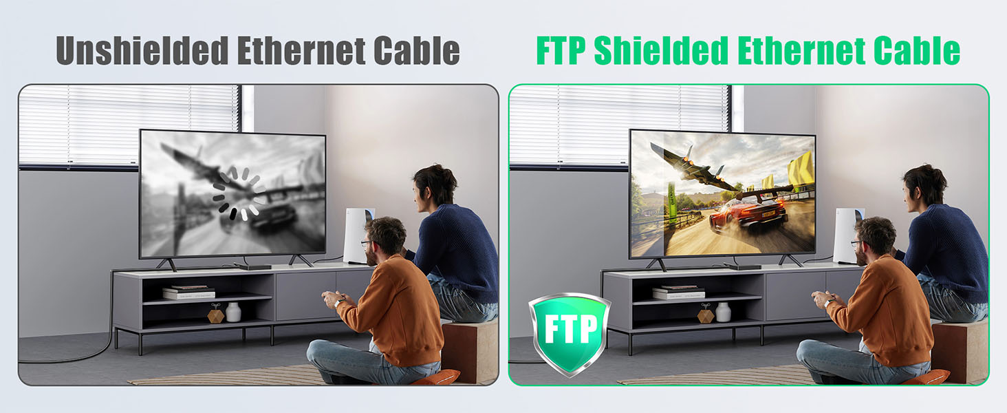 Split image comparing unshielded and FTP shielded Ethernet cable performance. Shows two people watching TV, with clearer picture on the shielded side.