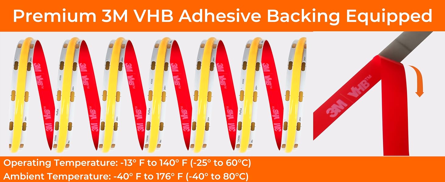 4000K 24V COB LED strip light with strong 3M VHB adhesive backing, built to withstand heat exposure