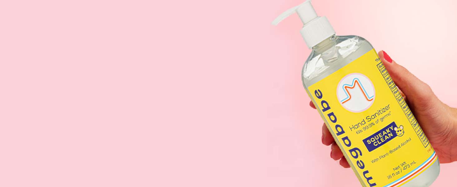 16 oz hand sanitizer on pink background.