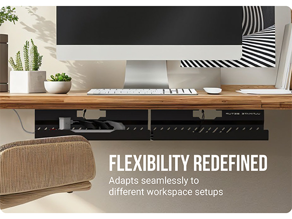 Under-desk organizer with multiple compartments shown beneath a wooden desk with computer monitor. Text reads 'FLEXIBILITY REDEFINED Adapts seamlessly to different workspace setups'.