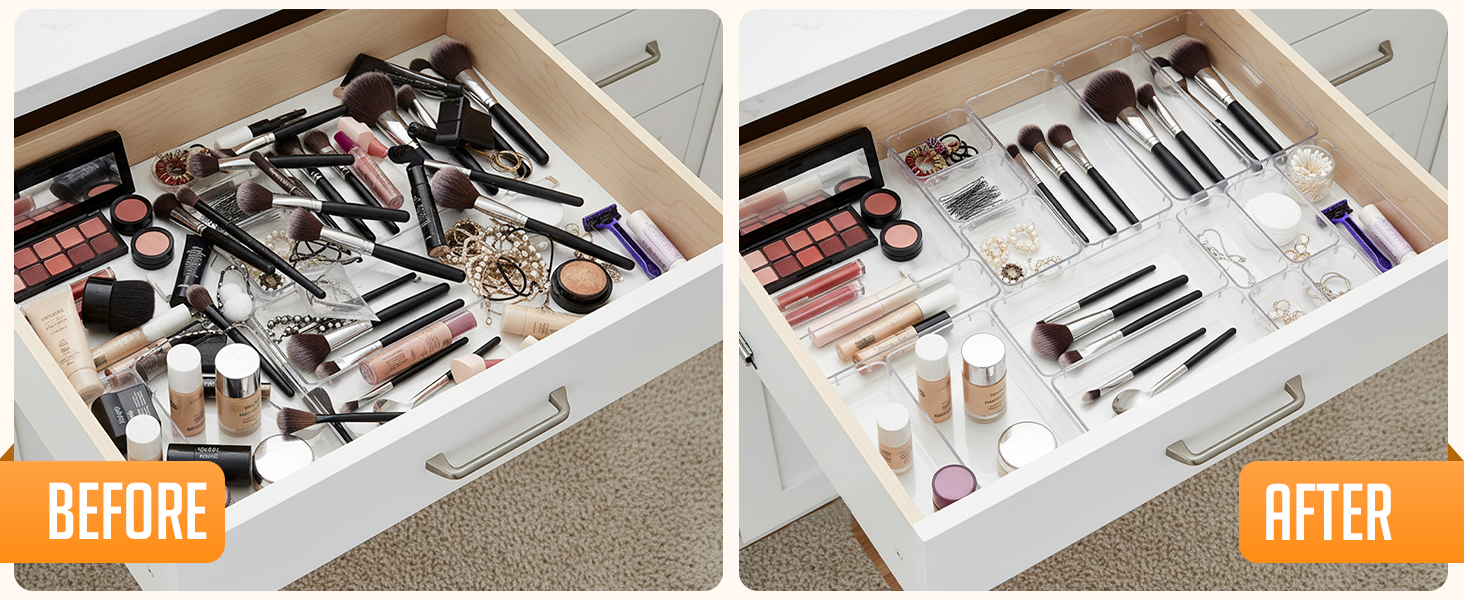 Drawer organizer before and after