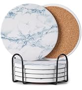 Hoewina 6Pcs Drink Coasters with Holder, Marble Style Ceramic Drink Coaster, Absorbent Coasters S...