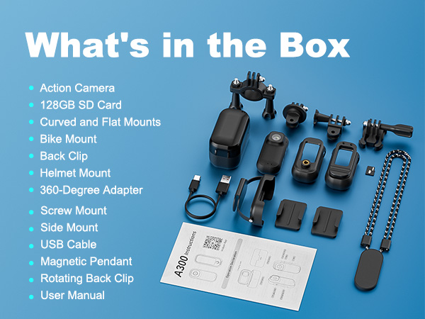 Text reads 'What's in the Box' followed by list: Action Camera, 128GB SD Card, Helmet Mount, 360-Degree Adapter, Grid Cable, Side Mount, Screw Mount. Product contents display layout.