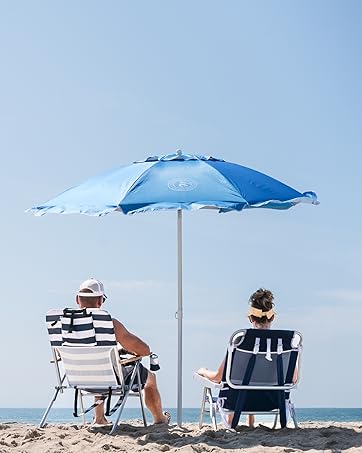 two people sitting with backs turned on beach chairs. umbrella between them. On beach
