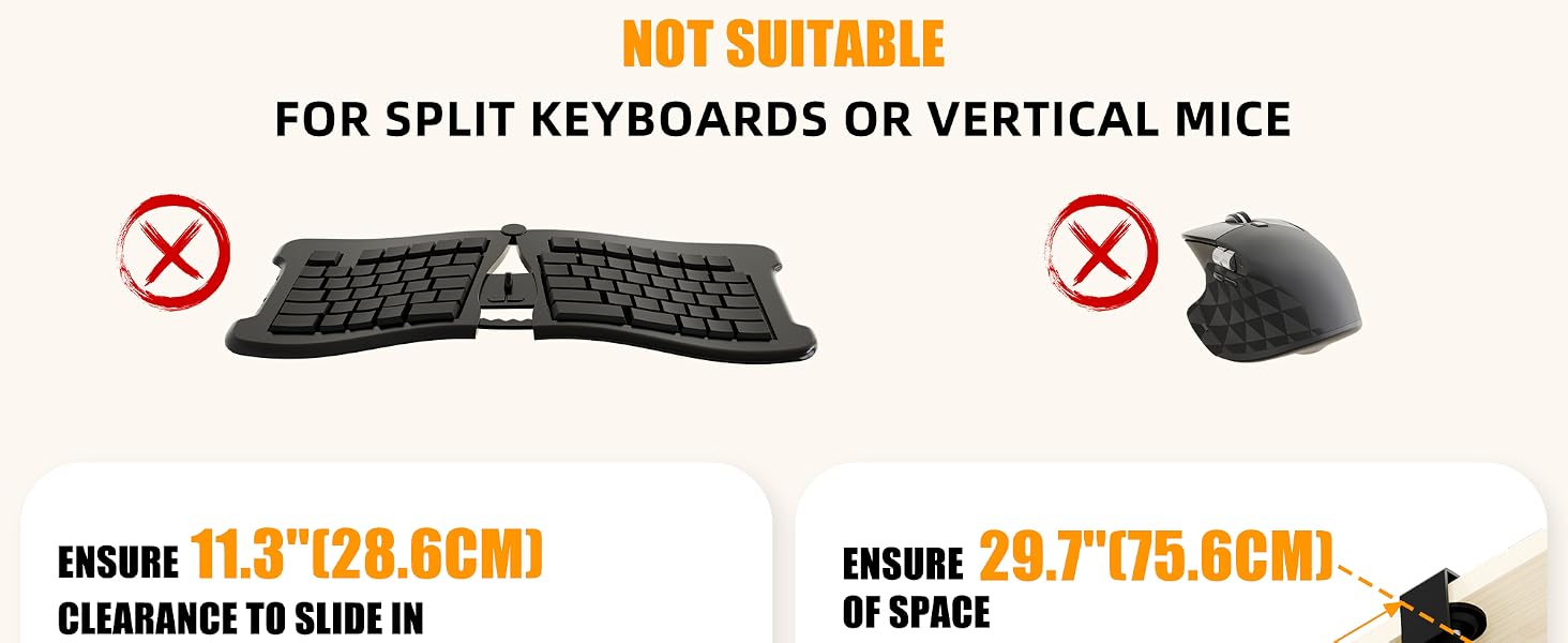 Text reads 'NOT SUITABLE FOR SPLIT KEYBOARDS OR VERTICAL MICE' with red X symbols. Shows crossed-out split keyboard and vertical mouse illustrations.