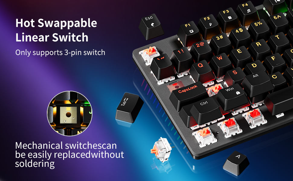 Enjoy fast, smooth keystrokes with linear red switches—easily replaceable for a custom mechanical