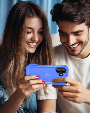 Blue smartphone case being held while two people look at device screen together, showing social interaction with mobile technology.