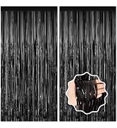 Black Foil Fringe Curtain Party Streamers 2Pack 3.3x8.3 Ft, Black Tinsel Foil Curtain Backdrop Ph...