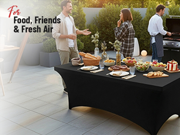 Text reads 'Food, Friends &amp; Fresh Air'. Image shows outdoor patio gathering with people around a black table laden with food and drinks, summer entertaining scene.