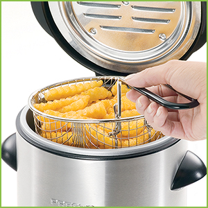 Vented cool-touch cover with built-in spatter shield.