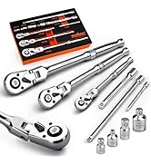 10-Piece Flex-Head Ratchet Set, 1/4", 3/8" &amp; 1/2" Drive Socket Wrenches, 90-Tooth Quick-Release R...