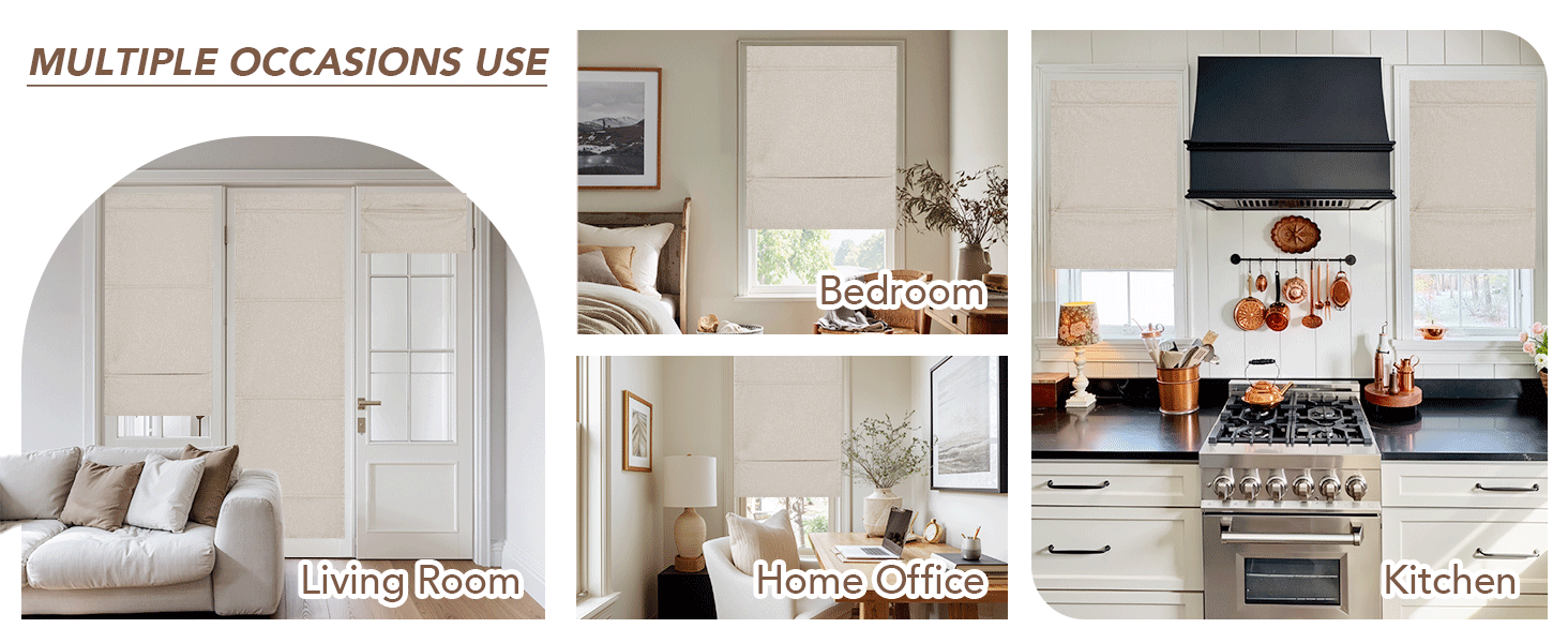 No Drill French Door Curtain Adhesive Top Cordless Roman Shade for Kitchen Living Room Privacy