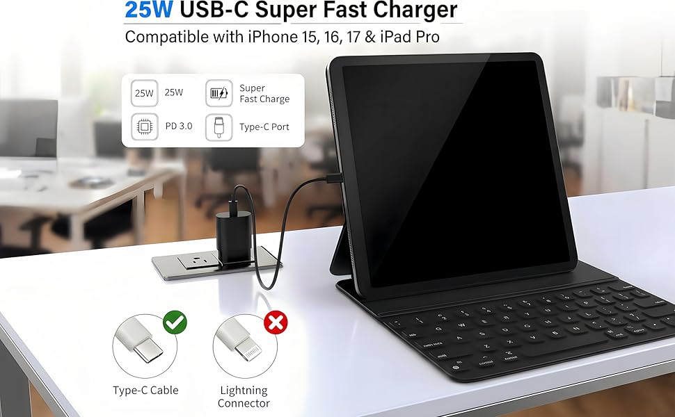 Compact 25W USB-C wall plug for iPad Pro, travel design, requires Type-C cable only.