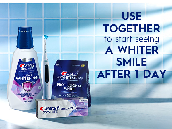 Crest 3DWhite oral care products on a bathroom counter. Use together for a whiter smile after 1 day.